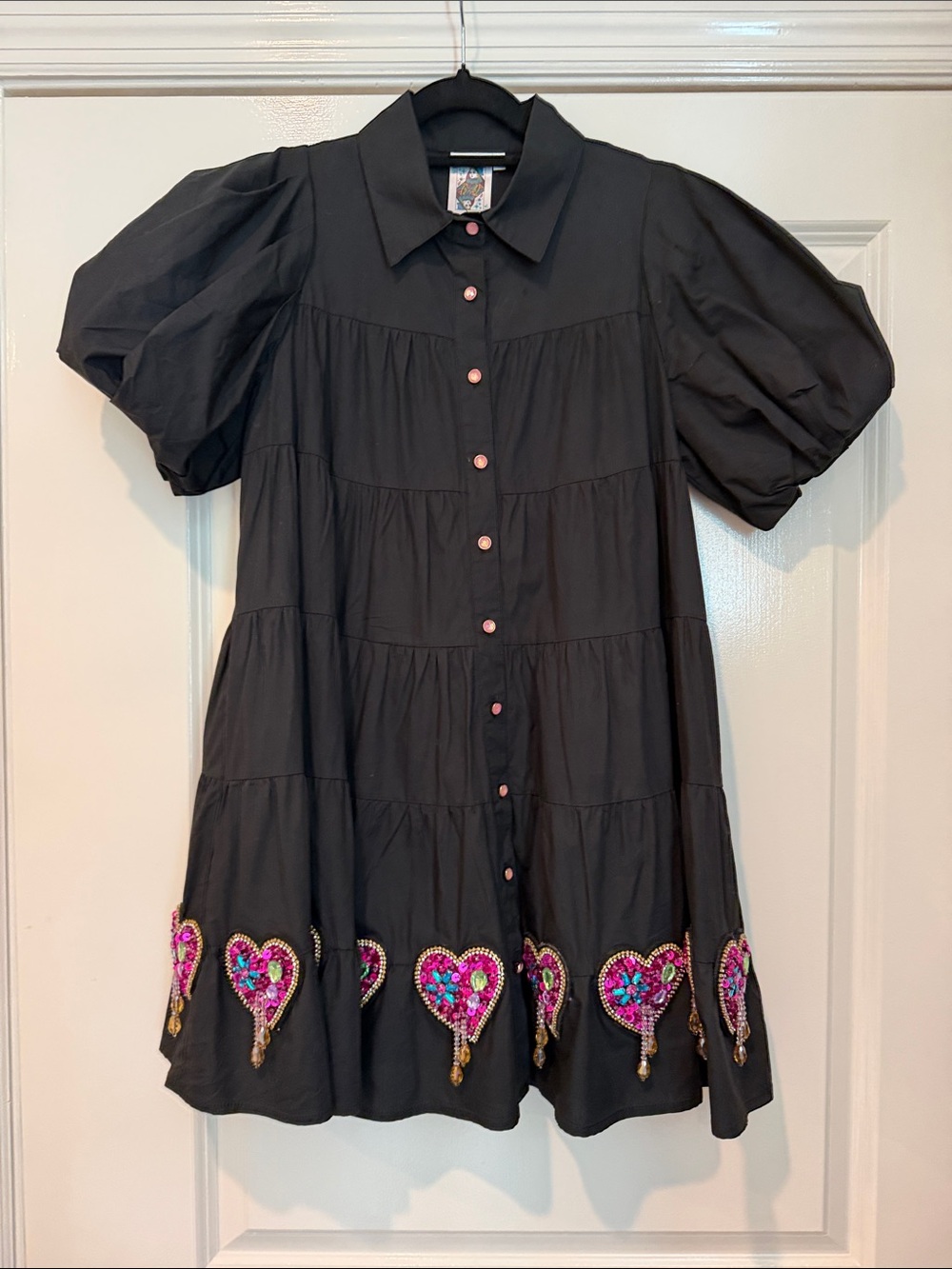 QUEEN OF SPARKLES Black Mini Dress with Pink Heart Embroidery